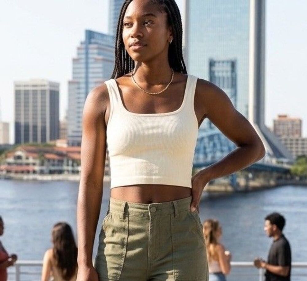 OQQ Ribbed Seamless Square Neck Crop Tank Top Cream Ivory Off White Medium